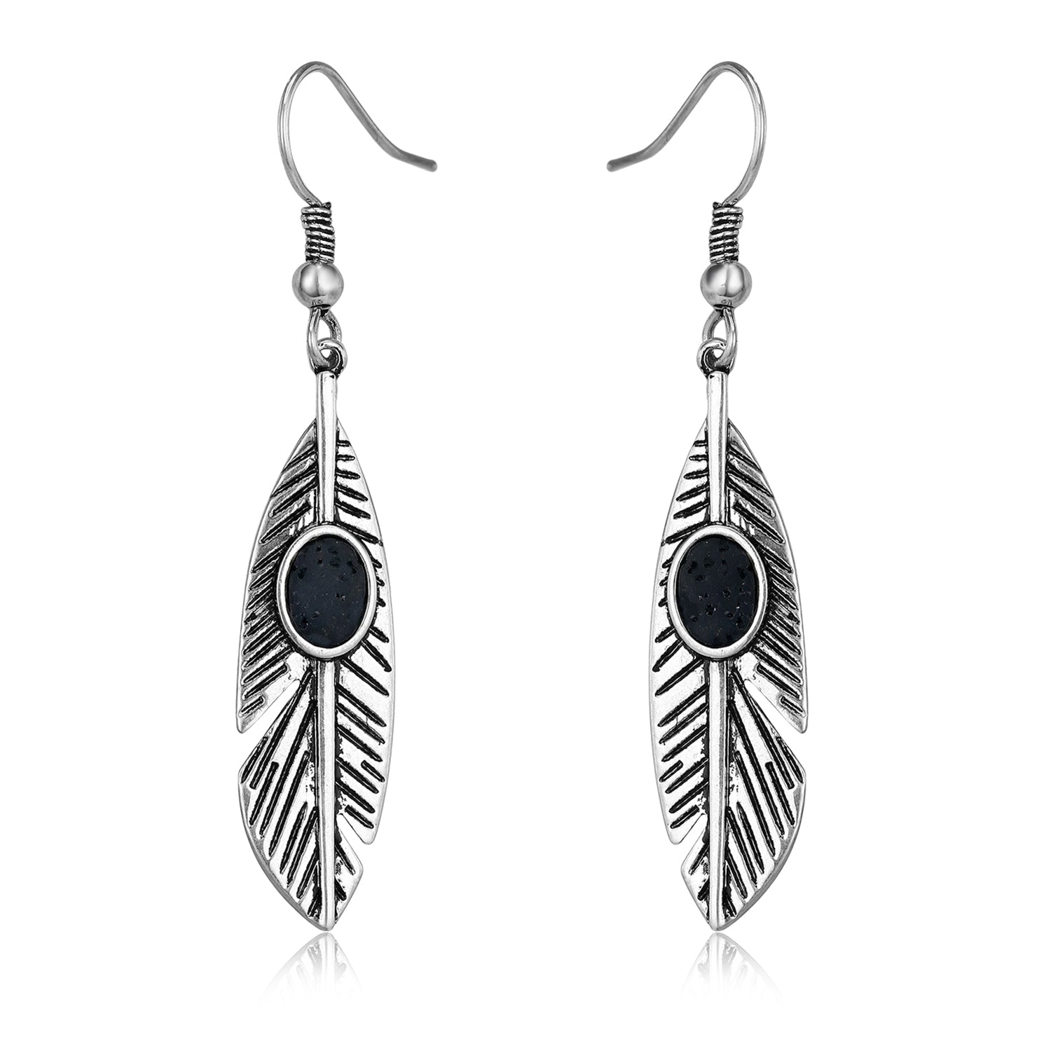 "Feya" Silver Feather Lava Stone Earring